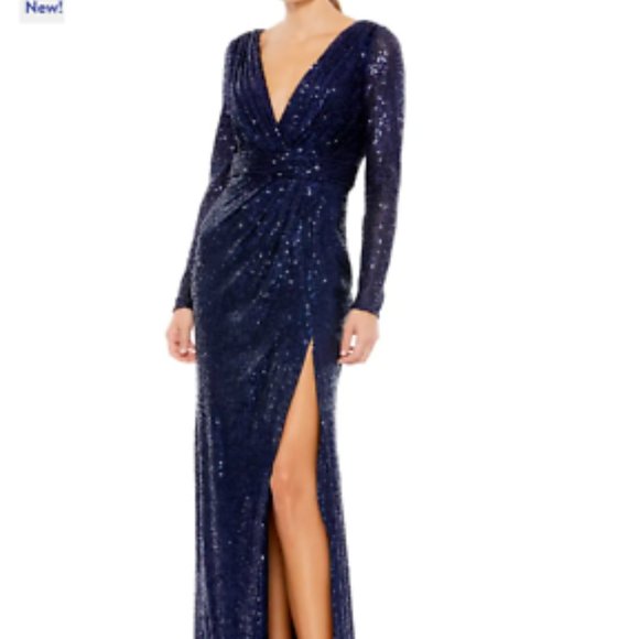 MAC DUGGAL LONG SLEEVE SEQUIN FAUX WRAP THIGH SLIT MIDNIGHT NAVY GOWN sz 12 - Picture 2 of 6